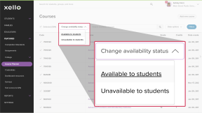 The Courses page in Xello. Many courses are selected. The Change availability status dropdown is open and highlighted.